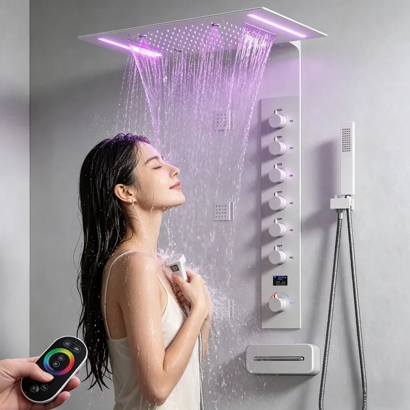 Massage - 高級スマート天井シャワーシステム LEDサーモスタット式レインフォール滝状マッサージジェット フルボディセット 浴室設備 ブラック