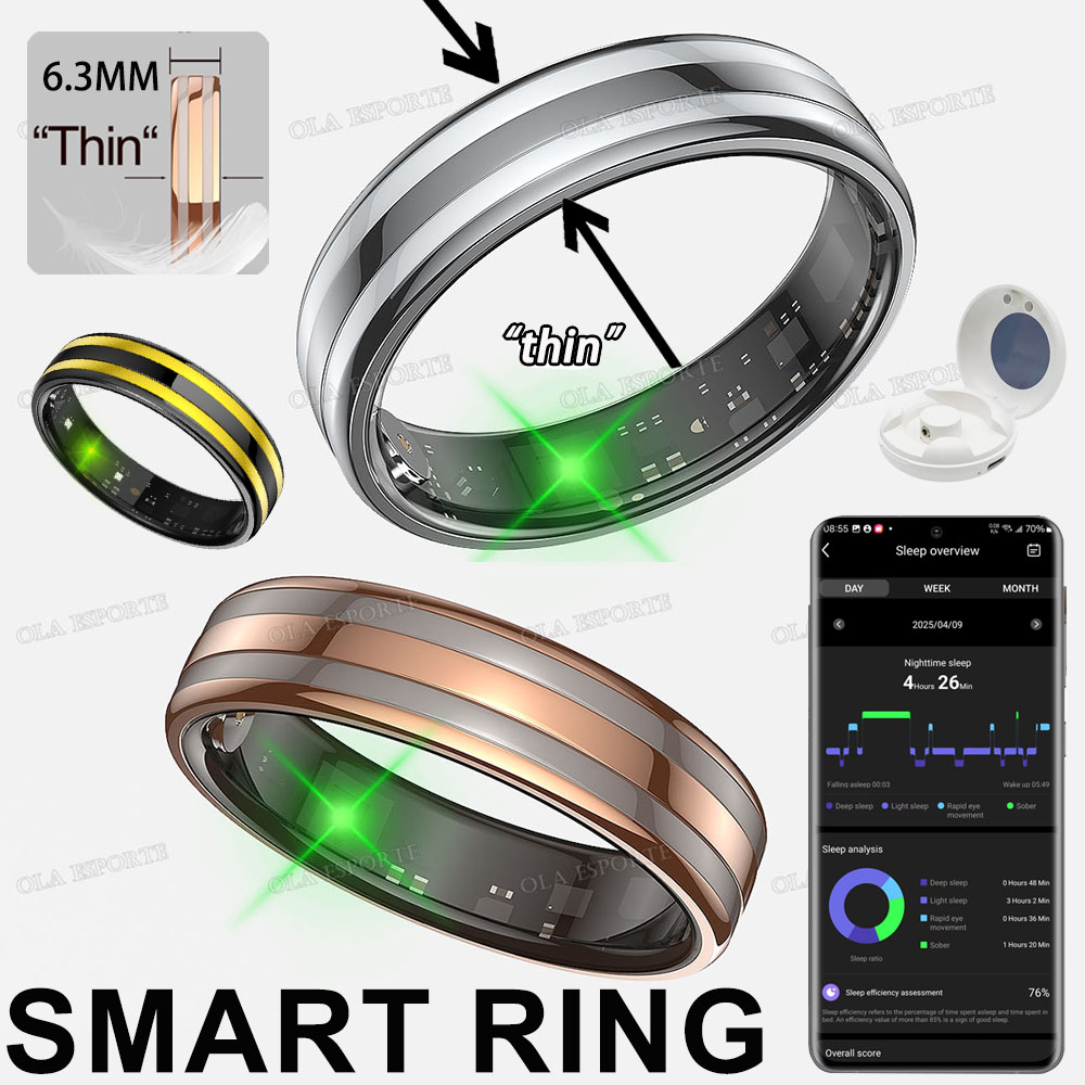 Health Monitors - 新スマートリング。心拍数、ストレス、体温を測定し、健康状態をモニタリング。マルチスポーツモード搭載。防水機能付き。ジェスチャー操作に対応。男女兼用。モデル：R12。
